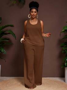 Slaydiva 2025 Neue Frühling/Sommer Damen Große Größen Vintage Western/Tropical/Musik Festival/Club/Roadtrip//Lässige Straße/Stadt Urlaub/Abschlussfeier Outfit 2-teiliges Set - Ärmellose Bluse mit U-Ausschnitt und strukturierter transparenter Bluse mit elastischer Taille und weite Hose - Braun - Übersicht 4