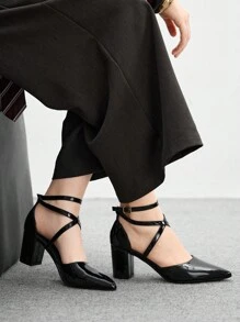 CUCCOO BIZCHIC Women's Fashion Black Ankle Strap Criss-Cross Pointed Toe Thick High Heel Pumps, Suitable For Commuting, Dating, Party, Shopping For Christmas - Black - View 5