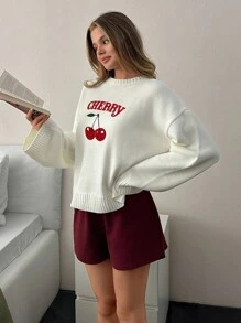 SHEIN Oversized Crew Neck Knit Sweater With CHERRY Embroidery,Jumper,Cream Jumper,Jumpers For Women,Jumpers,Black Jumper,Womens Jumper,White Jumper,Women's Jumper,Women's Jumpers,Winter Clothes