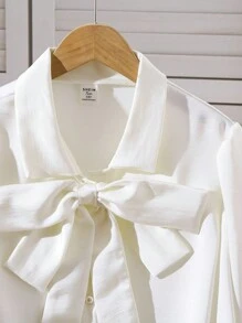 SHEIN Áo sơ mi dài tay cài nơ màu trơn đơn giản dành cho bé gái tuổi teen - Màu be - Xem 6