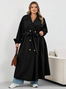 SHEIN CURVE+ Plus Size Women's Black Long Windbreaker, Black Long Sleeve Minimalist Casual Everyday Jacket Plus Size Trench Coat 8xl Women Coat Curve Trench Coat Plus Size Fall Coat,Fall Clothes For Womenfall Clothes For Women,Winter,CURVE PLUS Autumn - Black - View 7