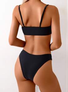 Swim Basics 2pcs Baju Renang Wanita Musim Panas Rajut Warna Polos dengan Tali Serut dan Simpul - Hitam - View 2