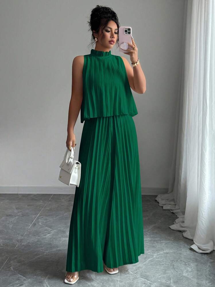 Elenzga Mono elegante y romántico de mujer con cuello redondo, sin mangas y plisado - Verde Oscuro - Añade 1