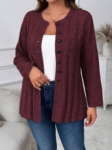 Momelise Plus Size Women Crochet Button Front Long Sleeve Cardigan Winter Fall Autumn - Burgundy - View 1