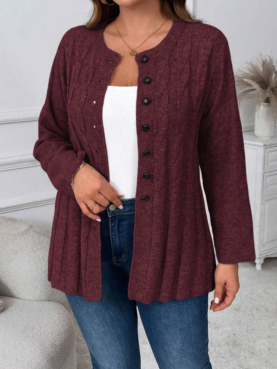 Momelise Plus Size Women Crochet Button Front Long Sleeve Cardigan Winter Fall Autumn - Burgundy - View 1
