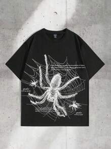 ROMWE MEN Goth Spring/Summer Casual Graphic Men Spider Print Crew Neck Tee For Halloween, School, 2000S Style - Black - View 3