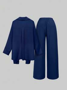 SHEIN LUNE CURVE Plus Size Women Holiday Loose Solid Color Tie Wrap Shirt And Pants 2 Pieces Set - Blue - View 2