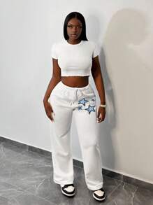 Slaydiva Quần ống đứng dáng suông, đơn giản, phong cách đường phố, thể thao, dây rút, màu trắng in hình ngôi sao, dành cho nữ. - trắng - Xem 4