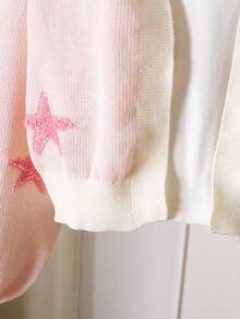 Tween Girls Cardigan Sweater, Starfish Jacquard Pattern, Pink, Suitable For Autumn, Winter, Spring, Layering With Skirts - Pink - View 4