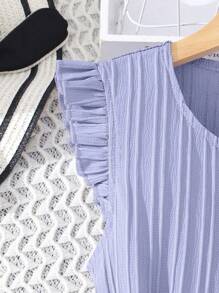 Tween Girl Ruffle Trim Button Front Wide Leg Jumpsuit - Purple - View 3