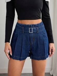 Elenzga Women's Buckle Design Pocket Pleated Loose Casual Denim Shorts - Dark Wash - View 1
