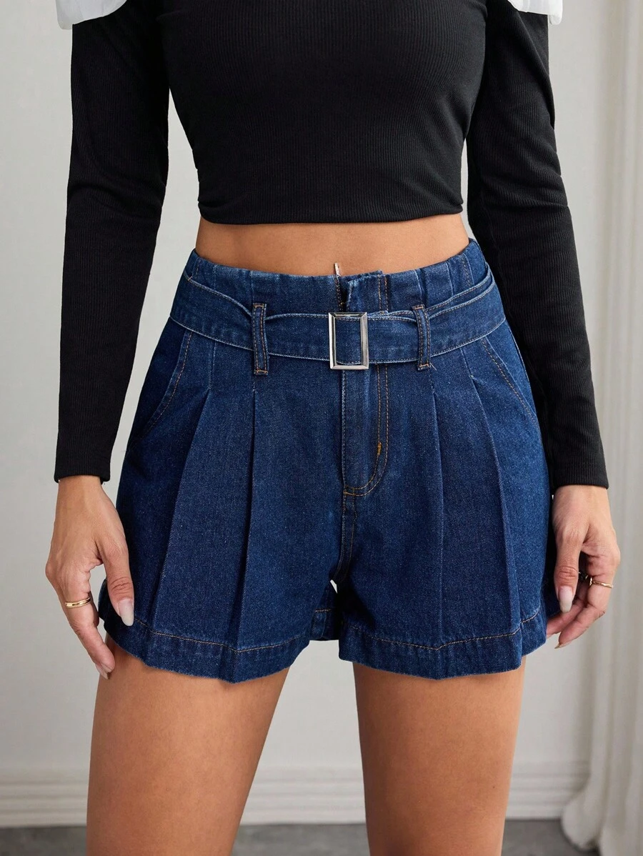 Elenzga Women's Buckle Design Pocket Pleated Loose Casual Denim Shorts - Dark Wash - View 1