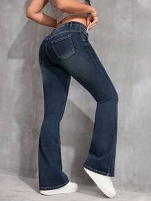 SHEIN ICON 冬季加大码女式复古弹力修身喇叭牛仔裤，百搭牛仔竞技风格