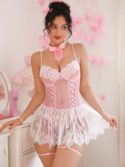 SHEIN Conjunto de 5 piezas de lencería rosa de malla y encaje sexy y lindo para mujer, incluye un choker con lazo, lencería kawaii, lencería linda, camisón de lencería, conjunto de lencería con lazo, para salir