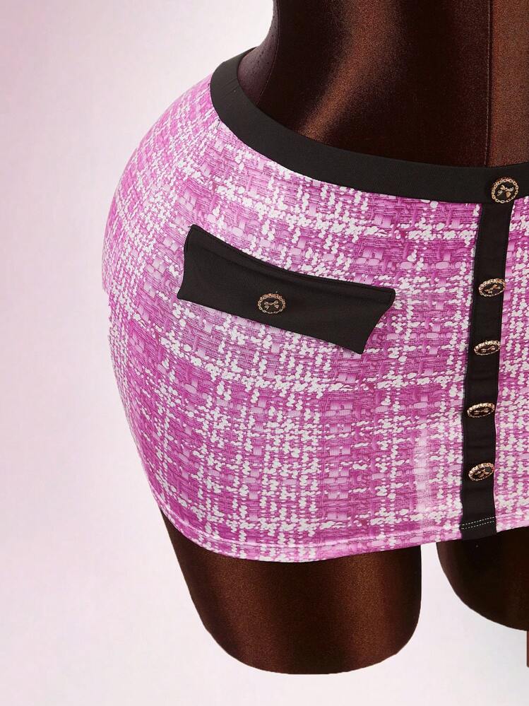 Amplova 女士格子短款吊带背心、撞色迷你裙和夹克三件套粉色三件套女士优雅粉色粗花呢套装 - 粉色 - 查看 13