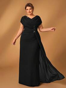 Serin 加大码优雅奢华刺绣海军蓝褶皱A字长款新娘妈妈礼服 - 黑色 - 查看 5