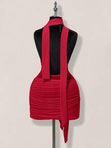 SHEIN ICON Women's Red Sheer Deep Draped Neck Ruched Tie Waist Backless Bodycon Mini Dress Draped Dress,Party Dresses For Women,Dresses For Women Party - Red - View 2