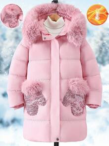 SHEIN 1pc Mid-Length Hooded Parka With Faux Fur Collar, Pockets & Sequin Decor, Zipper Closure, Winter Fall - Baby Pink - View 5