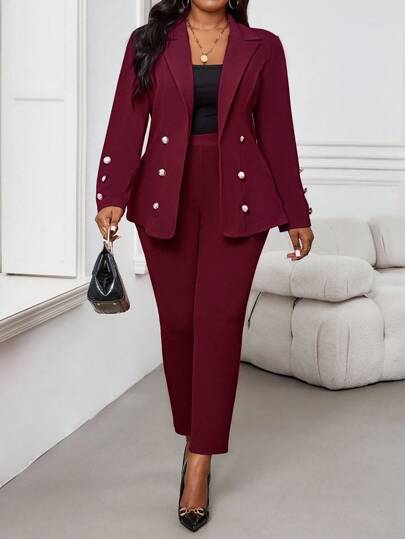 SHEIN Lady Höst- och vinter Elegant röd stickad kavaj med knappar Långärmad Plusstorlek fuskpälskappa Alla hjärtans dag Nyårsoutfit för kvinnor