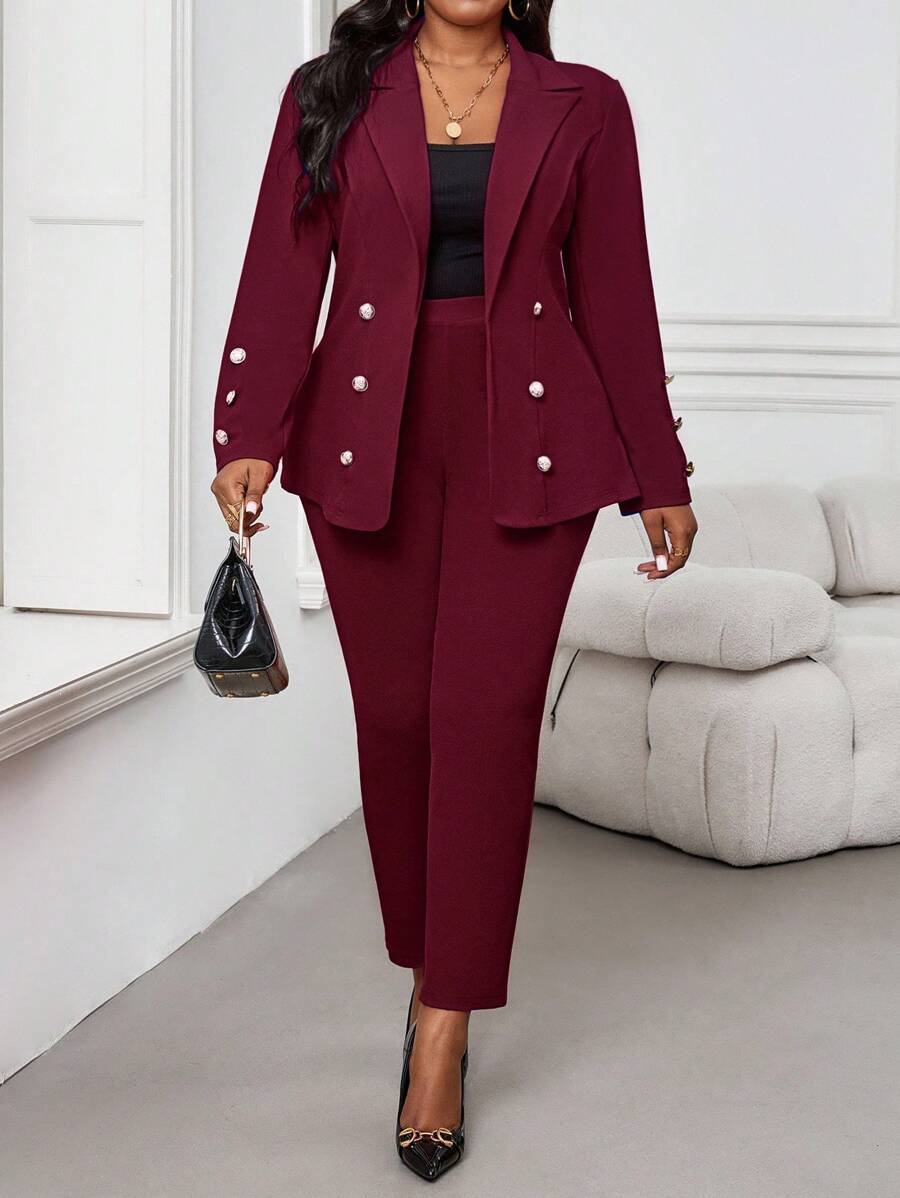 SHEIN Lady 秋冬优雅红色针织翻领纽扣长袖加大码仿皮草外套情人节新年女装 - 酒紅色 - 查看 1