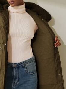 Aveloria Modichic 女士休闲纯色抽绳腰仿毛领连帽加厚棉服外套，冬装 - 咖啡棕 - 查看 4