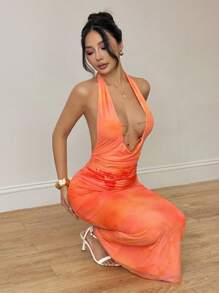 SHEIN PETITE Đầm Maxi Bodycon hở lưng gợi cảm, cổ khoét sâu chữ V, thắt nơ, hở lưng, trang trí dây xích, hẹn hò lãng mạn mùa xuân/hè cho nữ - trái cam - Xem 7