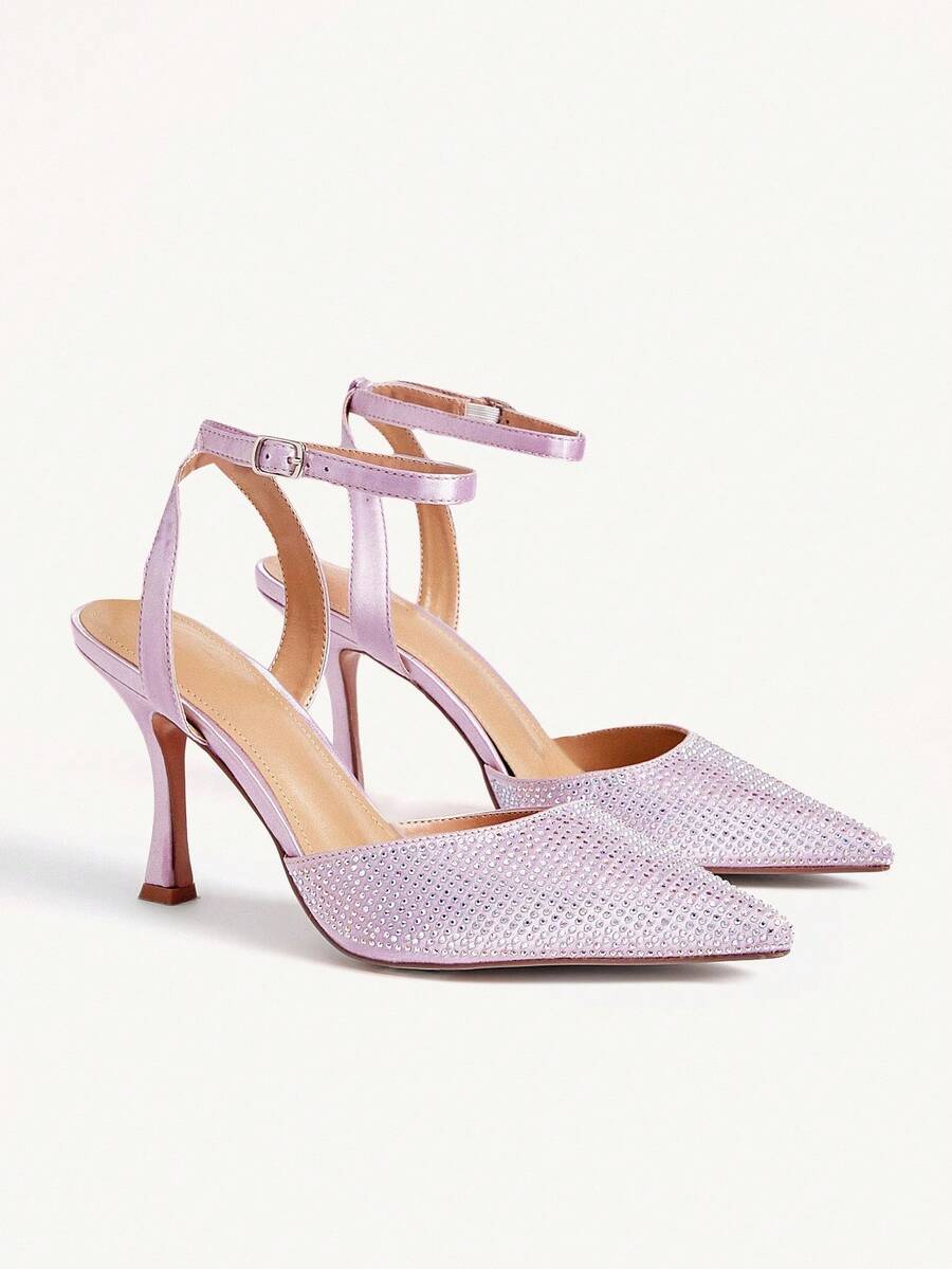 CUCCOO CHICEST 女士闪亮水晶尖头高跟细高跟鞋，优雅奢华浪漫性感时尚薰衣草色缎面踝带礼服鞋，适合鸡尾酒会、婚礼、约会之夜、节日、圣诞节、感恩节、生日等场合。 - 淡紫色 - 查看 1