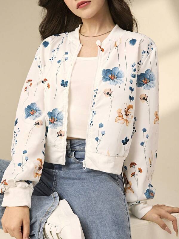 Chaqueta casual corta con cremallera y estampado floral elegante para adolescentes'