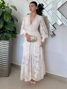 Andrea Bello V-Neck Puff Sleeve Cinched Waist Elegant Dress Maxi Women Outfit