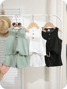 SHEIN 6pcs/Set Baby Boy Summer Cute Casual Knit Top & Shorts Set, Basic Multipack - Black and White - View 4