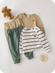 SHEIN 4件套婴儿/男女通用修身睡衣套装 - 长袖上衣和裤子，柔软针织条纹和纯色款，舒适百搭，适合室内/休闲穿着，春、夏、秋、冬四季皆宜。男婴服装，中性婴儿服装，男婴秋季服装