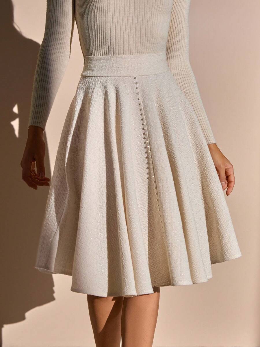 CLARA VERO Women's Ecru Tweed Good Quality Pleated Long Skirt - Beige - View 1