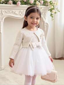 SHEIN Baby Girl Elegant Apricot Tweed Jacket & Mesh Dress Set Fall Winter - White - View 1