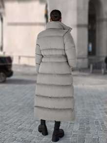 EURMUSE 腰部拉链抽绳长款棉服外套 - 灰色 - 查看 2