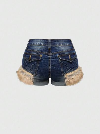 J-Fashion Shorts vaqueros de tiro bajo con bordado de estrella esponjoso, estilo Y2K, para otoño/invierno