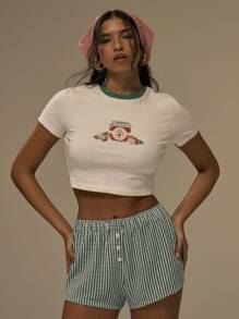 MUSERA Tricou scurt cu imprimeu, guler contrastant, strâmt, drăguț, casual, grafic, tricou streetwear, festival, toamnă, boho, stil rustic