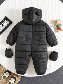 SHEIN 2件套新生儿男女宝宝可爱纯色连帽加厚连体衣、滑雪服、手套，男女通用婴儿服装，婴儿冬季保暖服 - 彩色 - 查看 2
