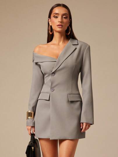 Silquee Minimalistisk enkelknäppt kavaj för kvinnor, lämplig för pendling, kostymklänning, kavajklänning med bara axlar, kostymklänning, kavajklänning för kvinnor, enaxlad kavajklänning, höst/vinter