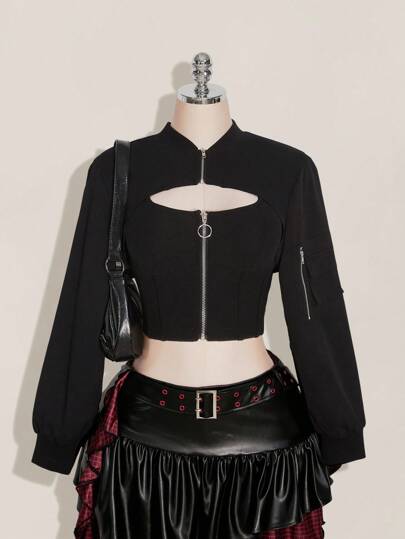 SHEIN ICON 大码翻盖口袋拉链超短款夹克（不含吊带背心）