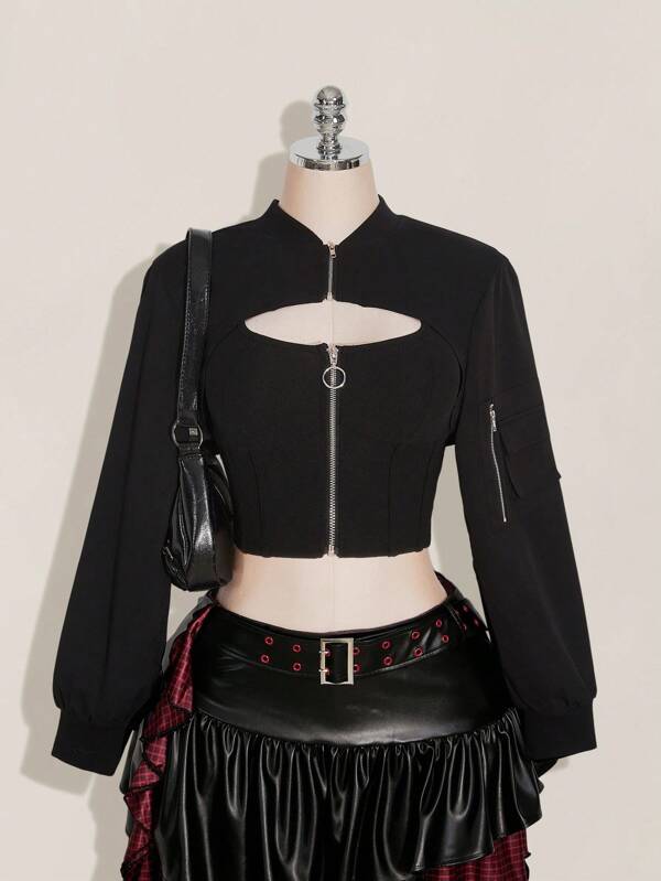 SHEIN ICON 大码翻盖口袋拉链超短款夹克（不含吊带背心）