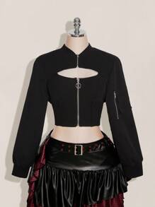 SHEIN ICON 大码翻盖口袋拉链超短款夹克（不含吊带背心） - 黑色 - 查看 5