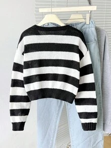 Teen Girl Casual Daily Contrast Stripe Button Front Cardigan Cropped Cardigan Striped Cardigan Black And White Cardigan Teen Cardigan Girl Cardigan - Black and White - View 7