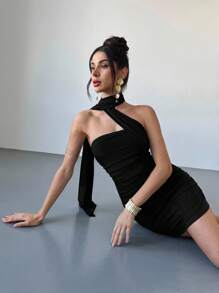 Firerie 春夏新款优雅性感迷人派对音乐节褶皱腰修身黑红网眼覆盖露肩领口迷你连衣裙，适合婚礼、音乐节、返校、节日、度假、派对、庆典 - 黑色 - 查看 6