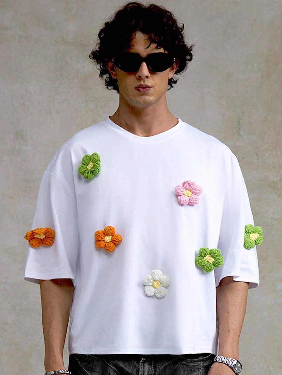 Manfinity Hypemode Men's Casual Dropped Shoulder Short Sleeve 3D Floral T-Shirt, Summer , Flower Tshirt Men , Men Summer Clothes , Boxy T Shirt Men , Oversized T Shirt Men