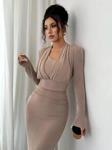 Elenzga 优雅浪漫V领褶皱中长连衣裙，适合度假和通勤 - 咖啡 - 查看 5