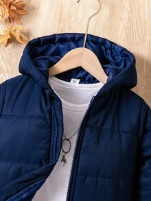 幼儿男童纯色简约连帽长袖棉衣，休闲日常穿着 - 藏蓝色 - 查看 6