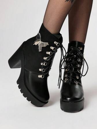 Kawaii Women's Gothic Style Round Toe Chunky Heel Platform Punk Boots, Suede & PU Leather Patchwork, Black High Heel Boots Suitable For Party, Daily Wear, Evening Dress, Height Increasing And Leg Lengthening