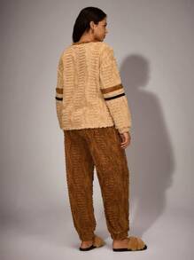 Women 2pcs Colorblock Striped Star Embroidered Long Sleeve Top & Fleece Pants Lounge Set Cozy Outfit, Fall/Winter Clothes - Multicolor - View 2