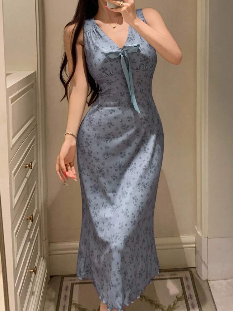 Contrast Bow Decor Ditsy Floral Waist Cinched Sleeveless Midi Nightgown For Women Pajama - Dusty Blue - View 5
