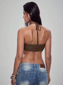 Denimoi Tie Front Cut Out Low Back Halter Top With Stone Necklace - Brown - View 5